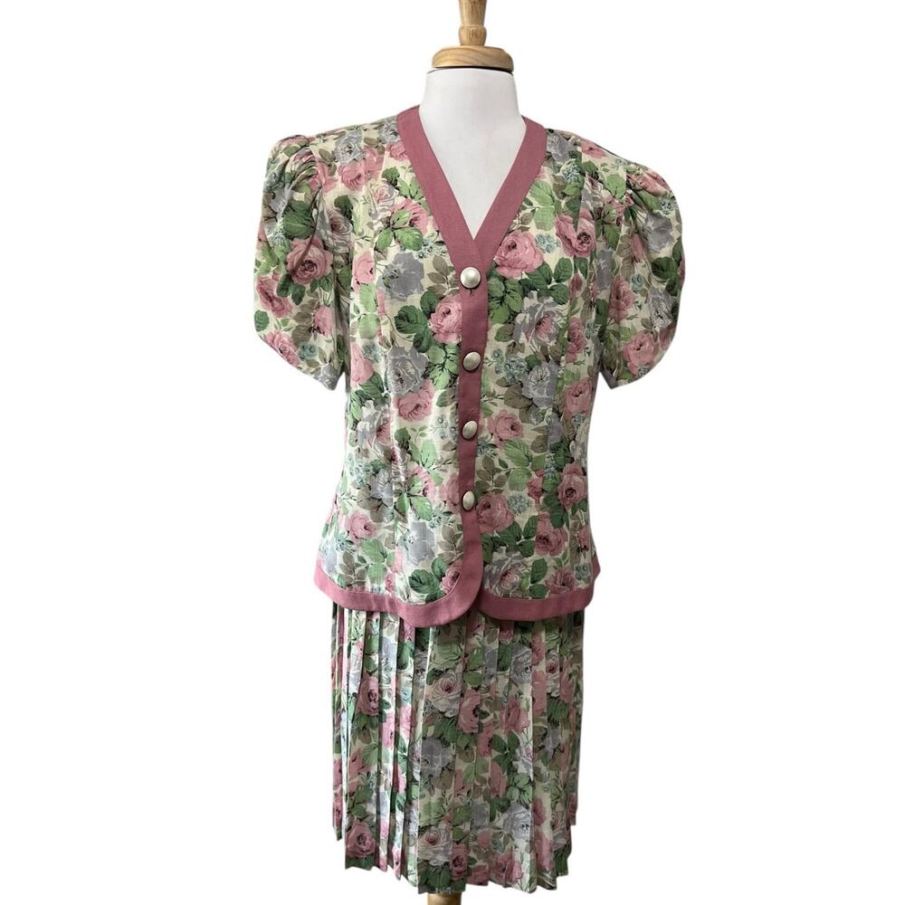Vintage SL Fashions Top Skirt 2 Pc Set Womens 16 Pink Floral Cottagecore Granny